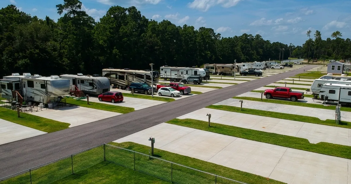 Aerial view of Gleneagles RV Resort concrete pad sites in Conroe, TX near The Woodlands
